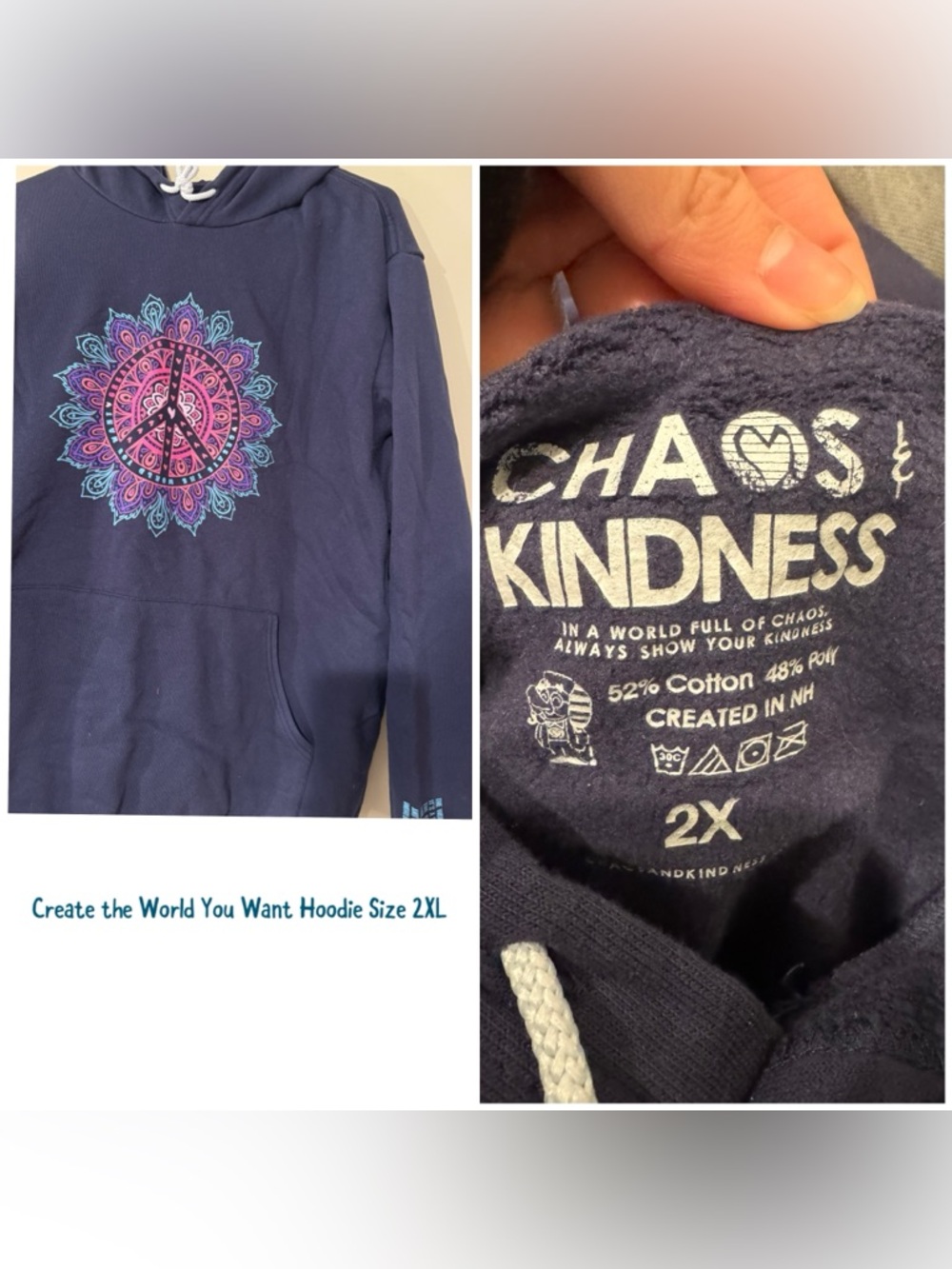 Chaos & Kindness Navy Hoodie - Peace Mandala Graphic
